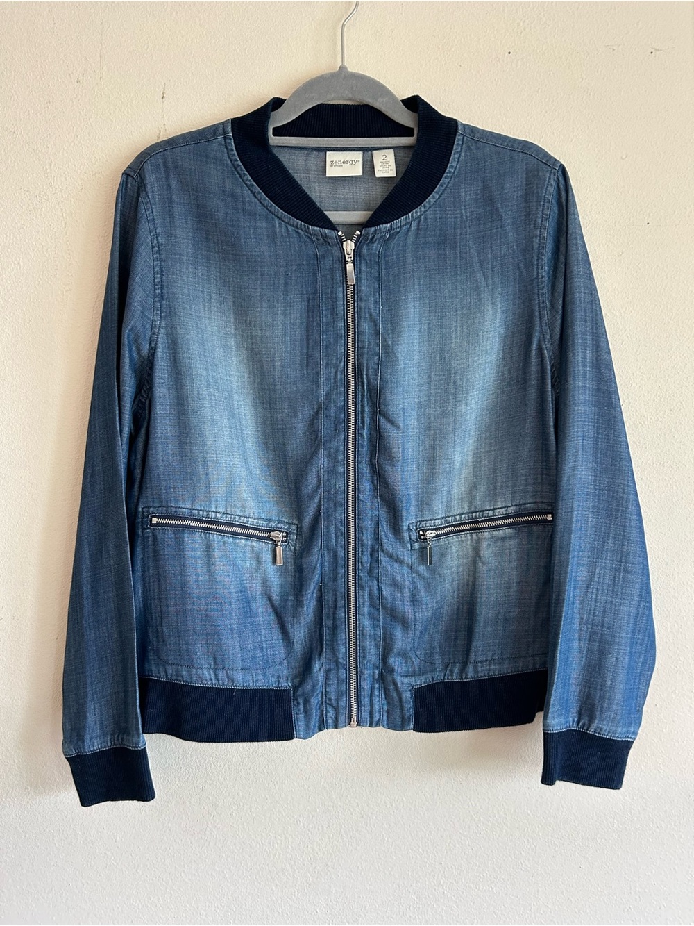 Denim-Effect Bomber Jacket with Navy Trim